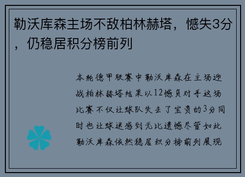 勒沃库森主场不敌柏林赫塔，憾失3分，仍稳居积分榜前列