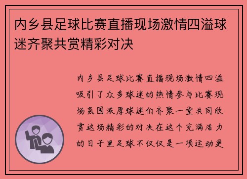 内乡县足球比赛直播现场激情四溢球迷齐聚共赏精彩对决